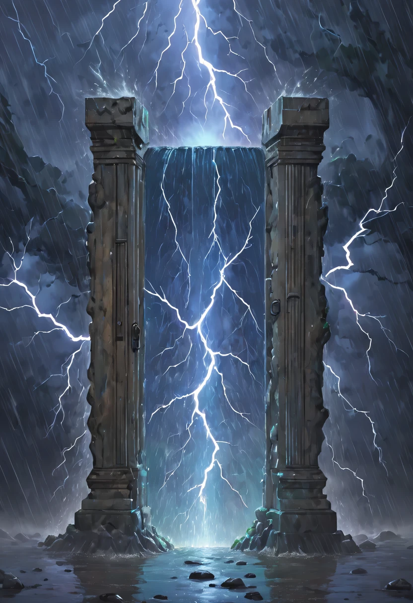 Night of heavy rain，Lightning and lightning，A few weathered stone pillars stand alone in the flood，Spliced into door shape，The mottled alien text flashes with a faint blue light，Heavy rain like waterfall，muddy river