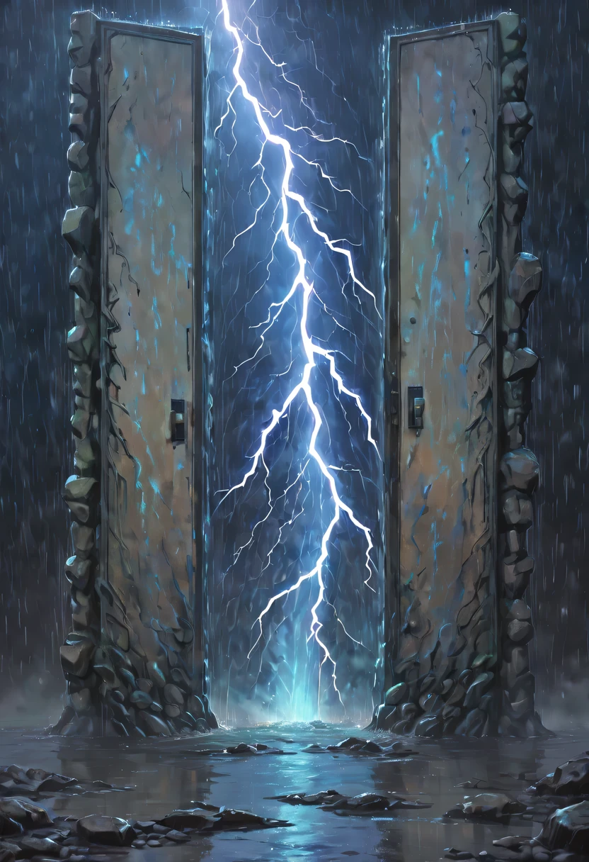 Night of heavy rain，Lightning and lightning，A few weathered stone pillars stand alone in the flood，Spliced into door shape，The mottled alien text flashes with a faint blue light，Heavy rain like waterfall，muddy river