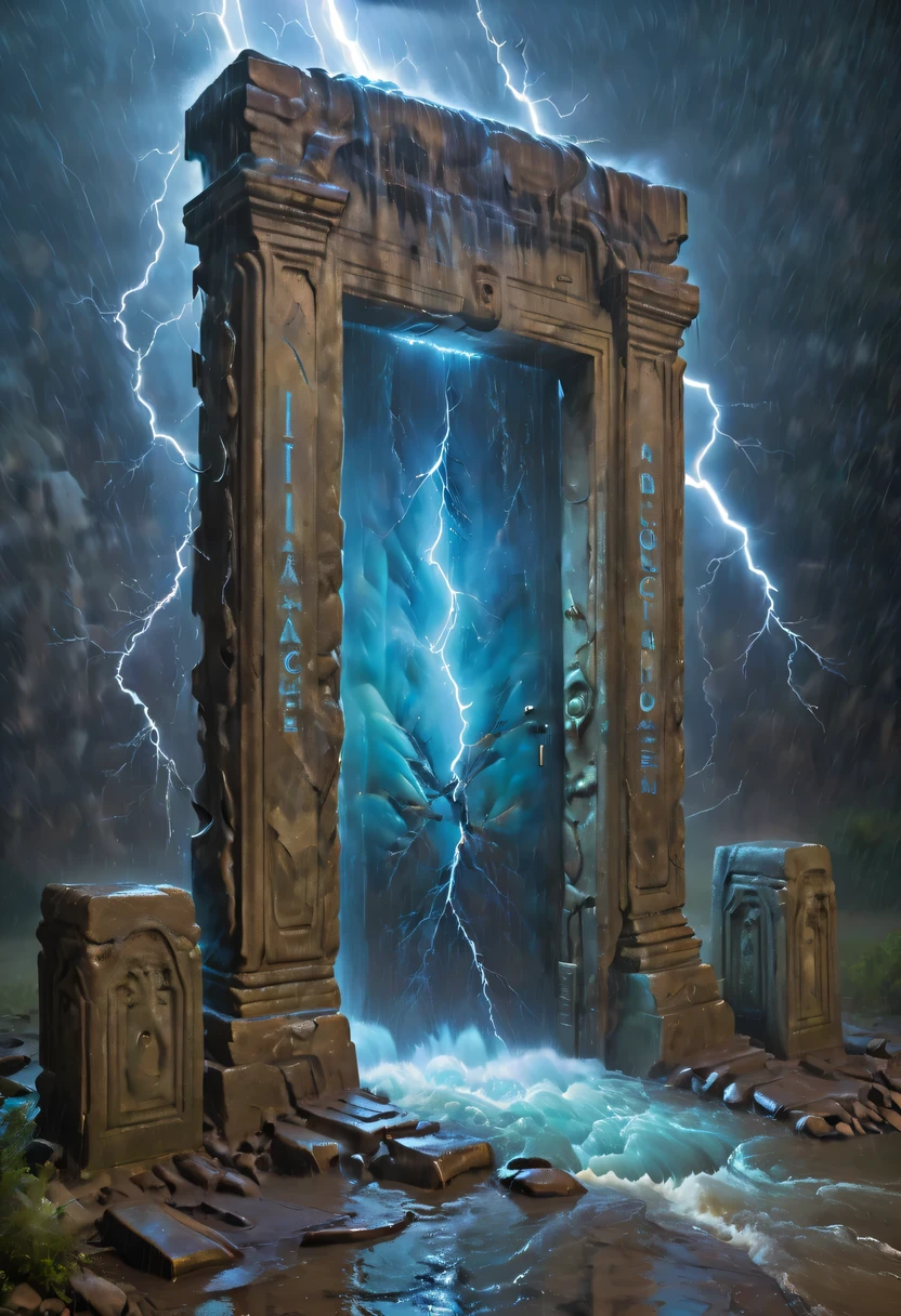 Night of heavy rain，Lightning and lightning，A few weathered stone pillars stand alone in the flood，Spliced into door shape，The mottled alien text flashes with a faint blue light，Heavy rain like waterfall，muddy river