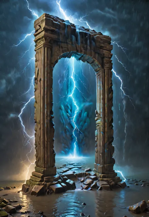 night of heavy rain，lightning and lightning，a few weathered stone pillars stand alone in the flood，spliced into door shape，the m...