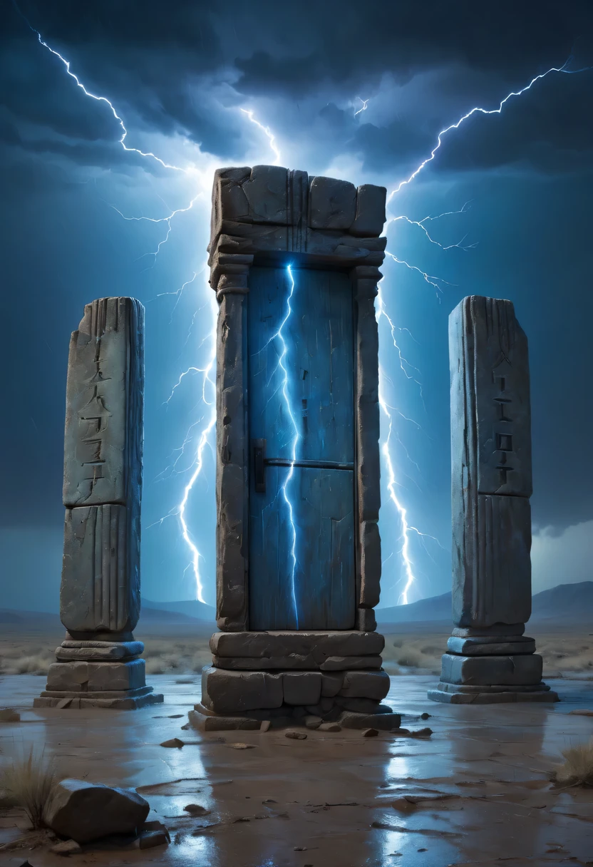 Night of heavy rain，Lightning and lightning，A few weathered stone pillars stand alone in the flood，Spliced into door shape，The mottled alien text flashes with a faint blue light，Heavy rain like waterfall，muddy river