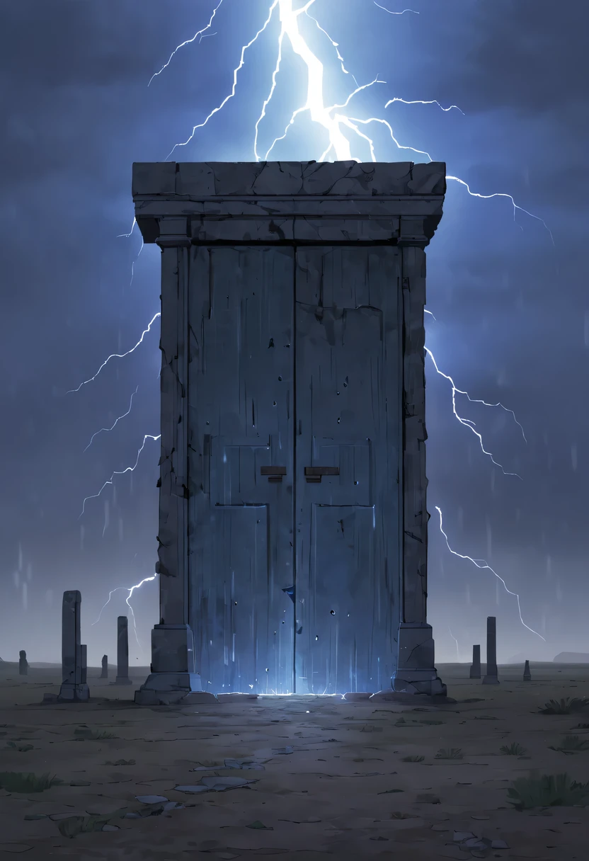 Night of heavy rain，Lightning and lightning，A few weathered stone pillars stand alone in the flood，Spliced into door shape，The mottled alien text flashes with a faint blue light，Heavy rain like waterfall，muddy river