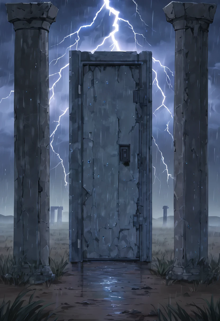 Night of heavy rain，Lightning and lightning，A few weathered stone pillars stand alone in the flood，Spliced into door shape，The mottled alien text flashes with a faint blue light，Heavy rain like waterfall，muddy river