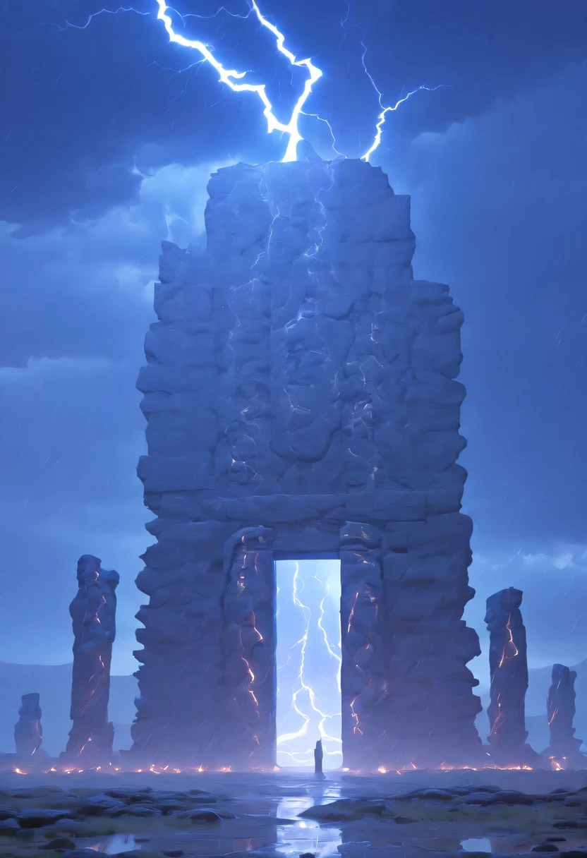 Night of heavy rain，Lightning and lightning，A few weathered stone pillars stand alone in the flood，Spliced into door shape，The mottled alien text flashes with a faint blue light，Heavy rain like waterfall，muddy river