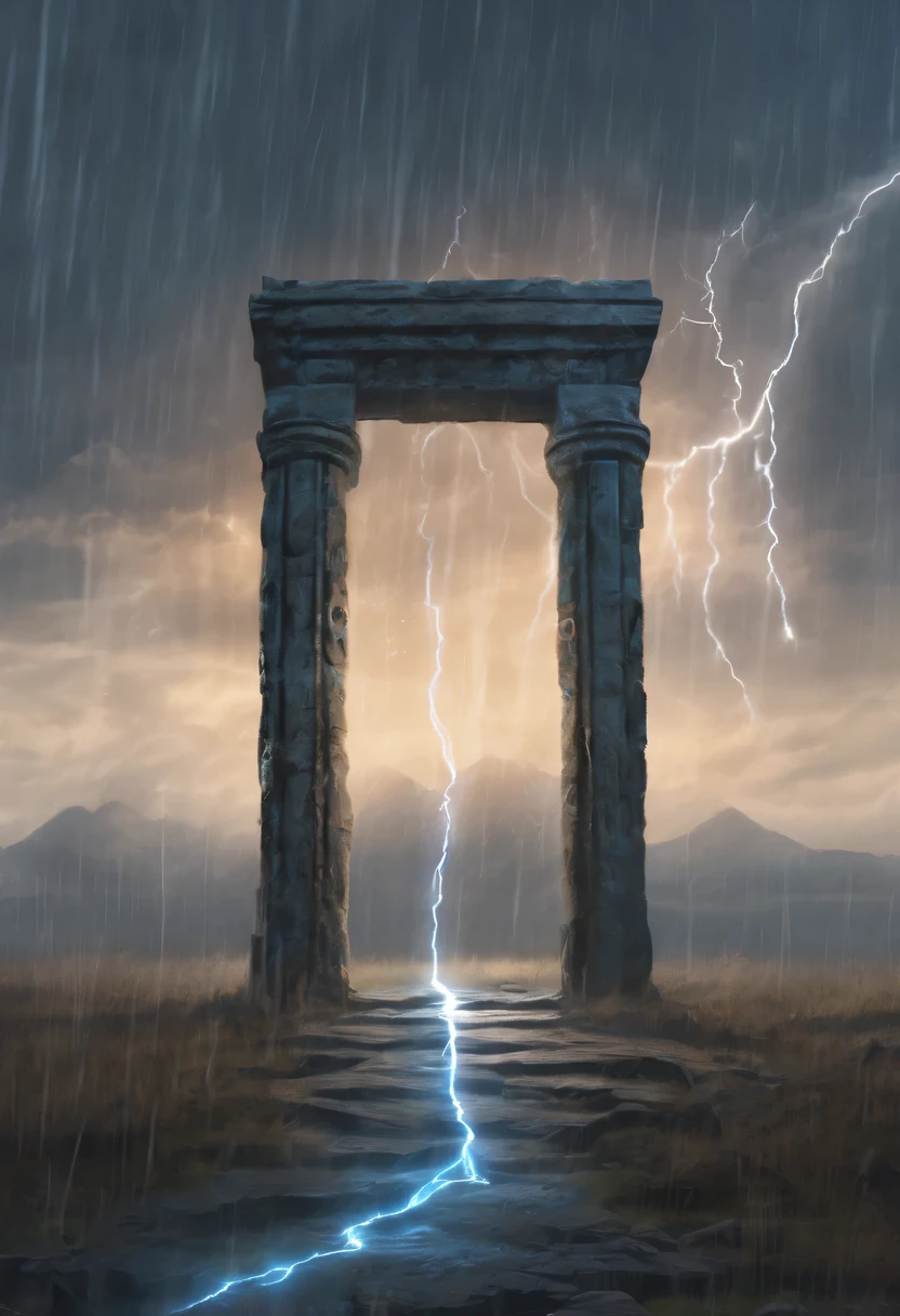 Night of heavy rain，Lightning and lightning，A few weathered stone pillars stand alone in the flood，Spliced into door shape，The mottled alien text flashes with a faint blue light，Heavy rain like waterfall，muddy river