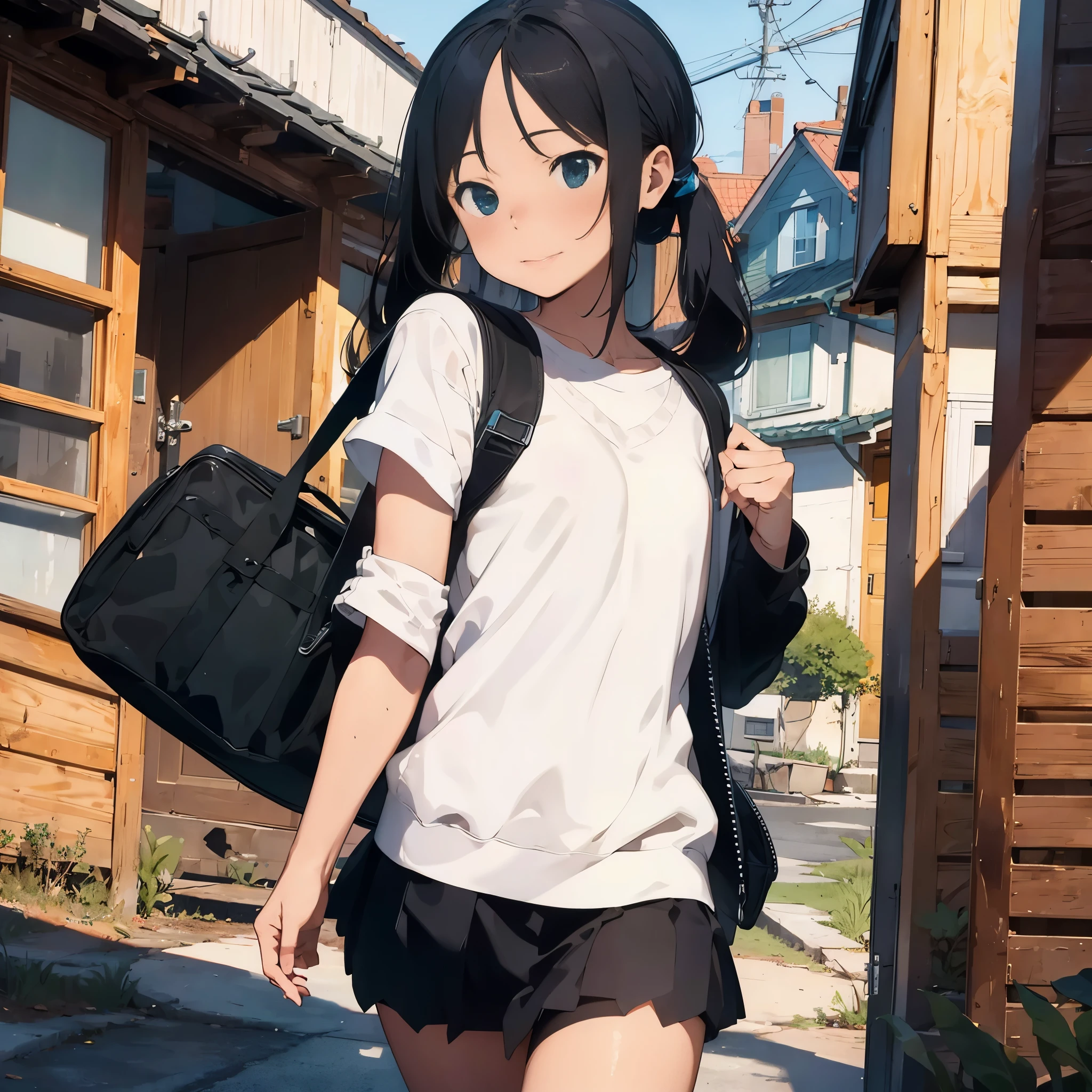 (masterpiece), (highest quality), ultra high resolution, sharp focus, ((1 female, alone)),Hatsune Miku,10 years old,hashikuji mayoi,school bag,school route,look back,huge 