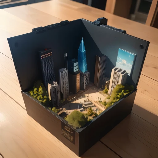 There is a small box with a picture of a city inside of it - SeaArt AI