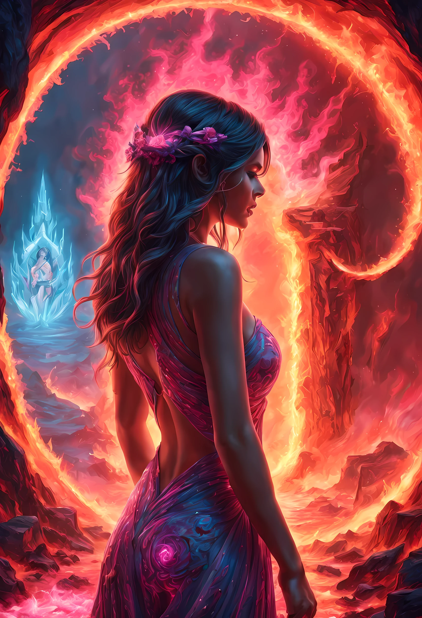 high details, best quality, 16k, [best detailed], masterpiece, best quality, (extremely detailed), a view from the rear of a beautiful woman looking through  a magical portal onto hell, the portal has magical pink magical wards  on it, she sees the fiery hell and rolling inferno faize , GlowingRunes_paleblue, GLOWING STYLE,