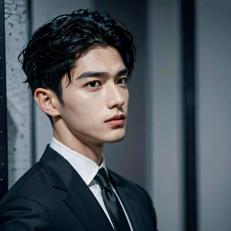 businessman, young, suit, beautiful skin, natural lips, parted hair, black hair, male, expensive