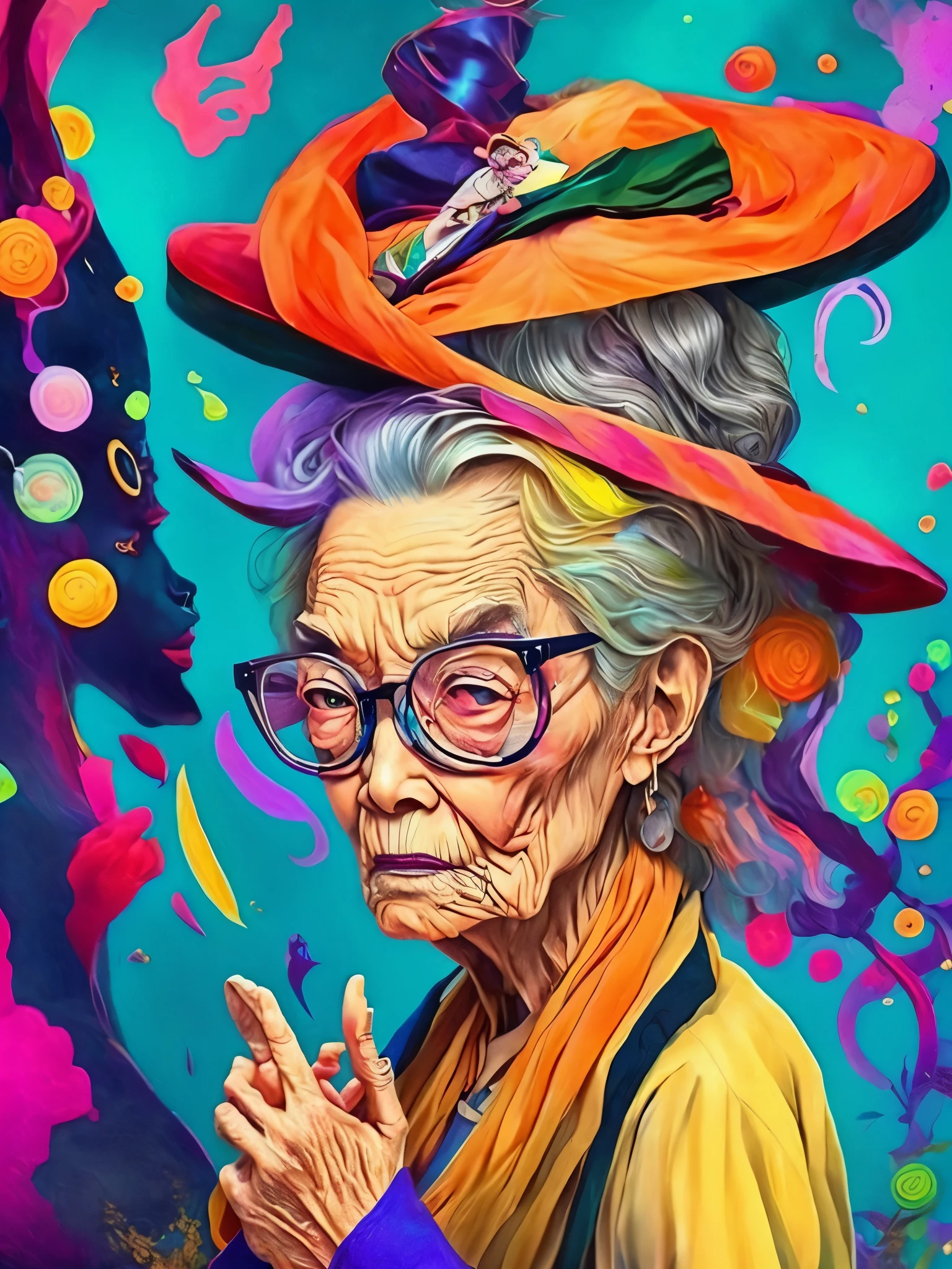 grandmother、witch、Glasses、(Pose with movement)、outstanding work of art、(A masterpiece of avant-garde art:1.6)、Flashy colors、