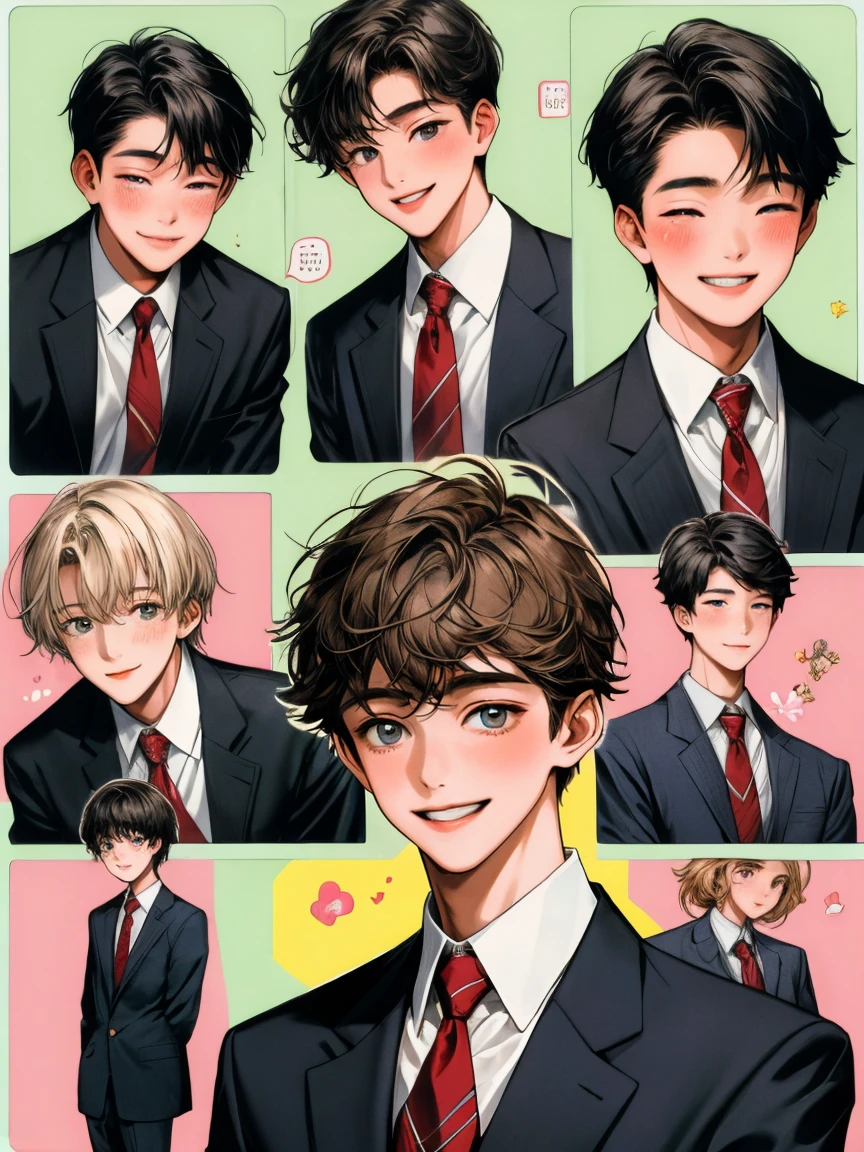 masterpiece, collage of life ordinary happy high school boy, school uniform, smile