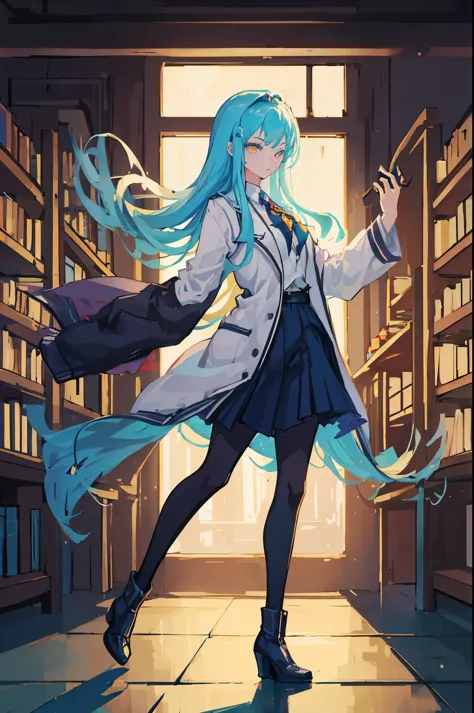 a slim anime girl with long blue hair，1.76 meters，indigo long trench coat，round toe heels，，windbreaker to heel，，librarian，indigo...