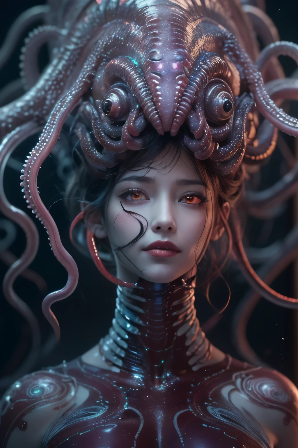 (1 beautiful and obscene female alien:1.4), (There is a female genital-like organ in the middle of her forehead:1.95), She has medusa-like hair, (there are lots of translucent tentacles from her head like her hair:1.5), (vulgarity1.7), (she is looking down at viewers with glowing red eyes with no pupils:1.6), (She has translucent pale skin:1.4),(She has the most beautiful face in the history of the universe:1.2), (She has multiple bioluminescent organs on the side of her tentacles:1.4), (Her body is covered with an iridescent exoskeleton:1.4), (She is showing her arm pits:1.6), an evil gaze that seduces, (looking down at viewers:1.4),(Vampire-like long canine teeth can be glimpsed through the gap between the cute lips:1.4) (bio luminescent:1.4), (Smile wickedly:1.3), (sexypose:1.4), alien, No humans, cells are fused, extraterrestrial, cell, bio image, ultra high resolution, (photos realistic:1.7), (Numerous award-winning masterpieces, with incredible detail, textures and maximum detail), Dramatic Lighting, cinematic quality, (exquisite details:1.2), High freshness, drawing faithfully, (Thick eyebrows:1.2), Beautiful eyes with fine symmetry,(Highly detailed face and eyes:1.2),(Super detailed skin quality feeling:1.4), perfect anatomy, (Beautiful toned body:1.5), (Moist skin:1.2), not wearing makeup, (dark circles:1.1), long canines, cinematic drawing of characters, cinematic quality, (exquisite details:1.2), high resolution, High freshness, drawing faithfully, official art, Unity 8K Wall paper, ultra detailed artistic photography, midnight aura, unreal engine 5, Ultra Sharp Focus, art by Amano Yoshitaka, ArtGerm, ultra realistic realism, dream-like, Creation of fantasy, dream Snail, (biopunk nautilus:1.3),Thrilling color schemes, seductively smiling, Amazing mutation, well-proportioned body, goddess of the deep sea, fractal, Geometric pattern, impossible figures, subtle emerald green accents, (expression of ecstasy:1.5)