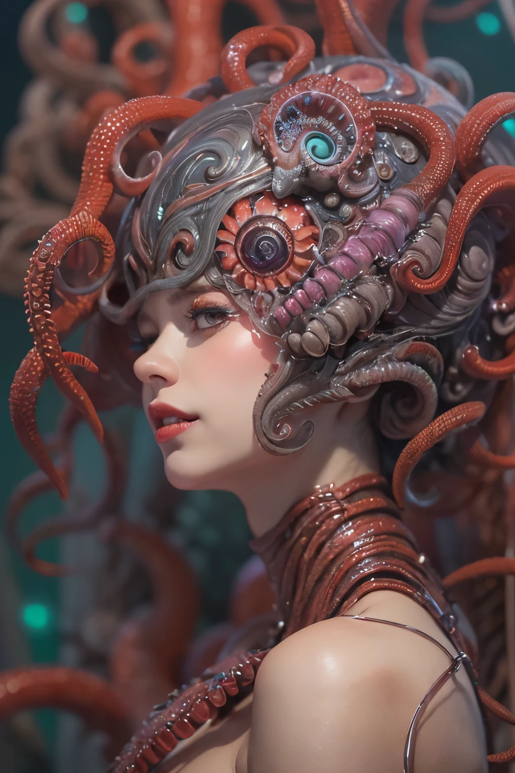 (1 beautiful and obscene female alien:1.4), (There is a female genital-like organ in the middle of her forehead:1.95), She has medusa-like hair, (there are lots of translucent tentacles from her head like her hair:1.5), (vulgarity1.7), (she is looking down at viewers with glowing red eyes with no pupils:1.6), (She has translucent pale skin:1.4),(She has the most beautiful face in the history of the universe:1.2), (She has multiple bioluminescent organs on the side of her tentacles:1.4), (Her body is covered with an iridescent exoskeleton:1.4), (She is showing her arm pits:1.6), an evil gaze that seduces, (looking down at viewers:1.4),(Vampire-like long canine teeth can be glimpsed through the gap between the cute lips:1.4) (bio luminescent:1.4), (Smile wickedly:1.3), (sexypose:1.4), alien, No humans, cells are fused, extraterrestrial, cell, bio image, ultra high resolution, (photos realistic:1.7), (Numerous award-winning masterpieces, with incredible detail, textures and maximum detail), Dramatic Lighting, cinematic quality, (exquisite details:1.2), High freshness, drawing faithfully, (Thick eyebrows:1.2), Beautiful eyes with fine symmetry,(Highly detailed face and eyes:1.2),(Super detailed skin quality feeling:1.4), perfect anatomy, (Beautiful toned body:1.5), (Moist skin:1.2), not wearing makeup, (dark circles:1.1), long canines, cinematic drawing of characters, cinematic quality, (exquisite details:1.2), high resolution, High freshness, drawing faithfully, official art, Unity 8K Wall paper, ultra detailed artistic photography, midnight aura, unreal engine 5, Ultra Sharp Focus, art by Amano Yoshitaka, ArtGerm, ultra realistic realism, dream-like, Creation of fantasy, dream Snail, (biopunk nautilus:1.3),Thrilling color schemes, seductively smiling, Amazing mutation, well-proportioned body, goddess of the deep sea, fractal, Geometric pattern, impossible figures, subtle emerald green accents, (expression of ecstasy:1.5)