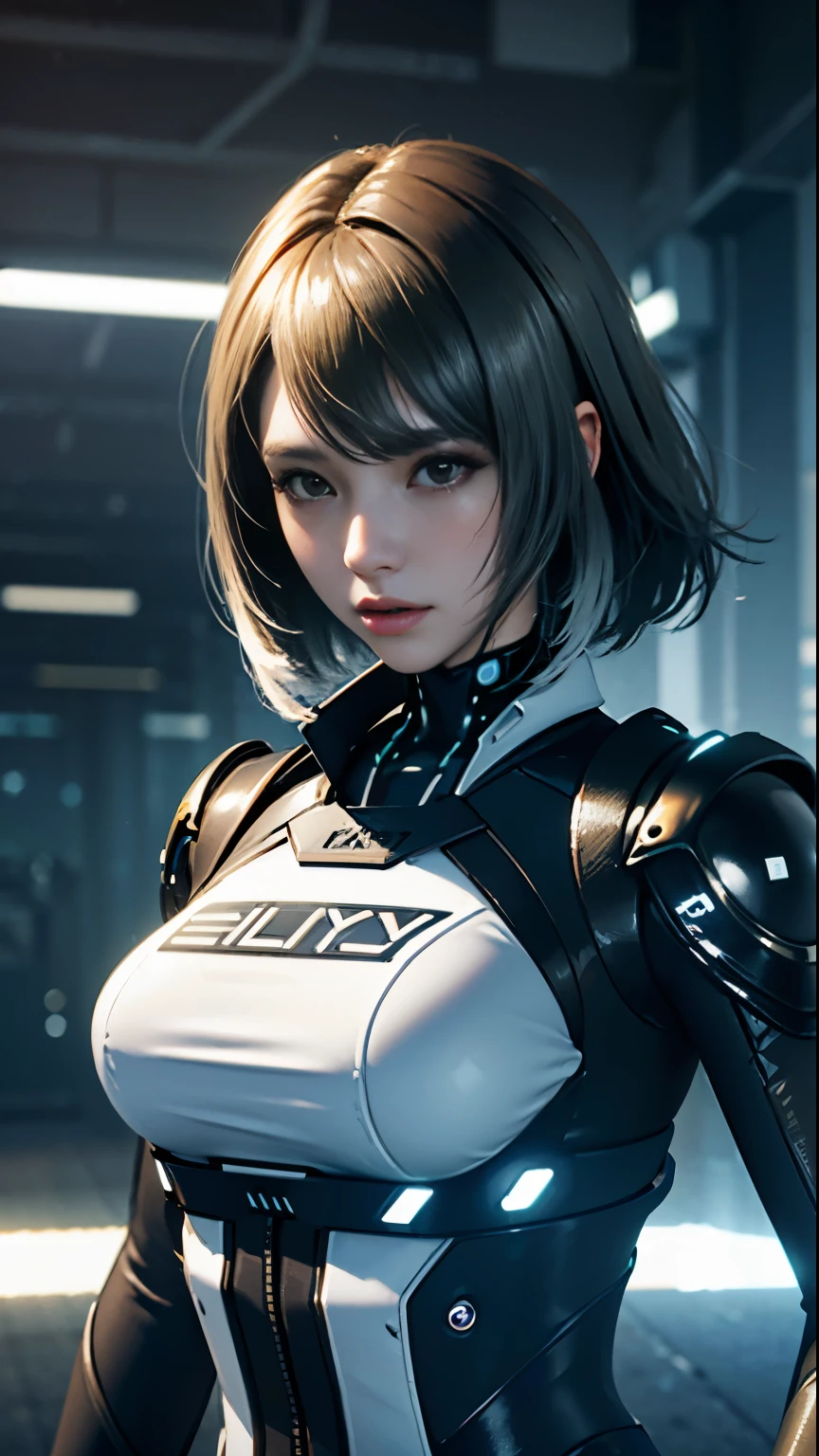 ((highest quality)), ((masterpiece)), (very detailed:1.3), 3D, beautiful (cyber punk:1.3) Female hacker with short brown hair poses for photo, computer servers, LCD Screen, fiber optic cable, corporate logo, HDR (high dynamic range), ray tracing, NVIDIA RTX, super resolution, unreal 5, Scattered beneath the surface, PBR texturing, Post-processing, anisotropic filtering, Depth of bounds written, maximum clarity and sharpness,  multilayer texture, Albedo and specular maps, surface shading, Accurate simulation of light-matter interactions, perfect proportions, octane rendering, two-tone lighting, Low ISO, White balance, Rule of thirds, wide caliber, 8K students, efficient subpixel, subpixel convolution, luminescent particles