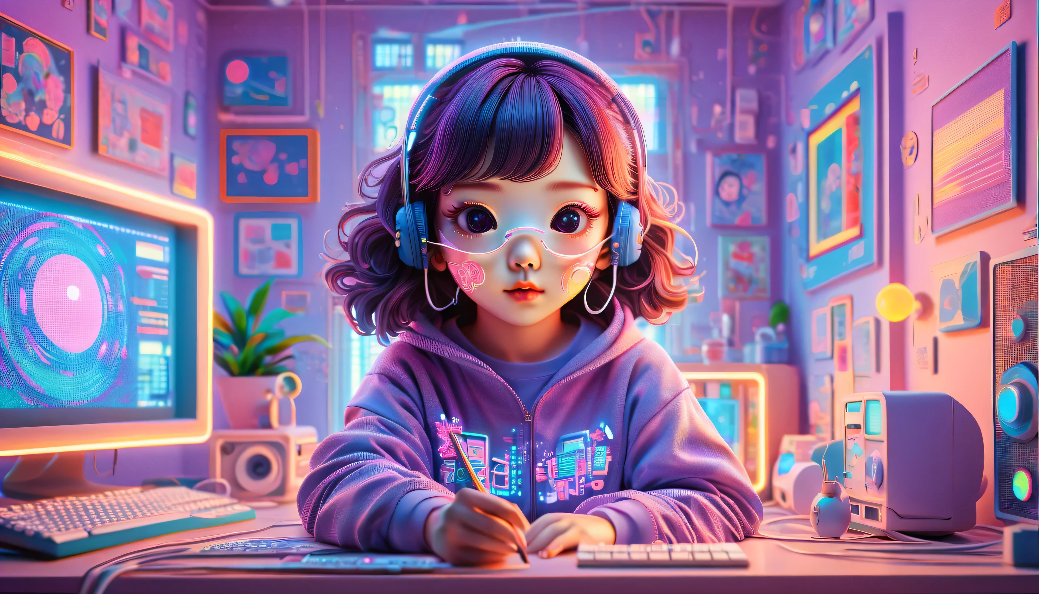 dans le style de Vaporwave, beau détaillé, illustration vectorielle, minimaliste, Illustration numérique, illustration vectorielle，Minimalisme，Illustration numérique，Des pirates informatiques portant des sweat-shirts et des masques travaillant sur，conception de t-shirt，éclairage dramatique，Tendances des expositions d&#39;art ，primé，icône，Shim Eun Kyung, une jolie fille coréenne pétillante et très détaillée de 8 ans, se détend à la maison (Écran D），（heureux），（）Tenez le microphone dans votre main），（pose de saut，action dynamique），inspiré par《elle est étrange》，Shim Eun Kyung porte ses cheveux dans un style bébé légèrement bouclé，peau très claire，，Porter une robe en dentelle brodée violette
