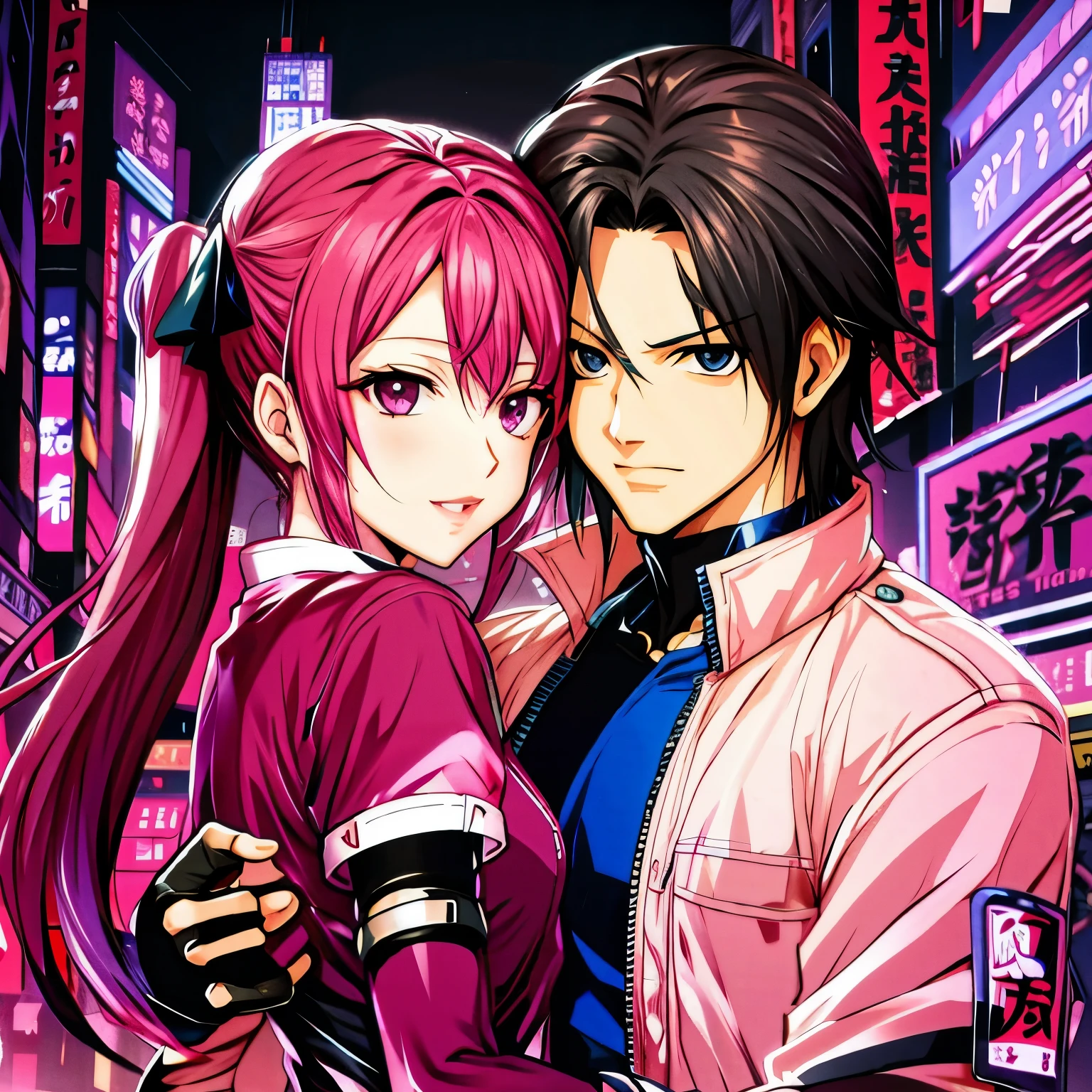 anime couple hugging in the middle of a city street, King of Fighters Style, Sakimichan and Frank Franzzeta, Misato Katsuragi, promotional art, Frank Franzzeta and Sakimichan, king of fighters character, snk, as a character in Tekken, modern cyberpunk anime, Masayoshi Suto and Artgerm