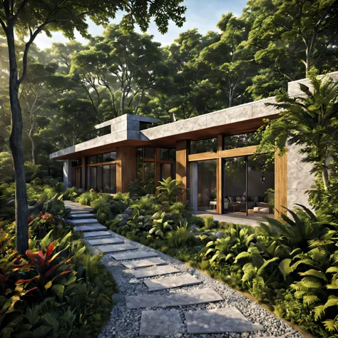 Design a modern mansion that seamlessly integrates concrete and oak wood elements, set amidst a natural landscape. Emphasize sle...