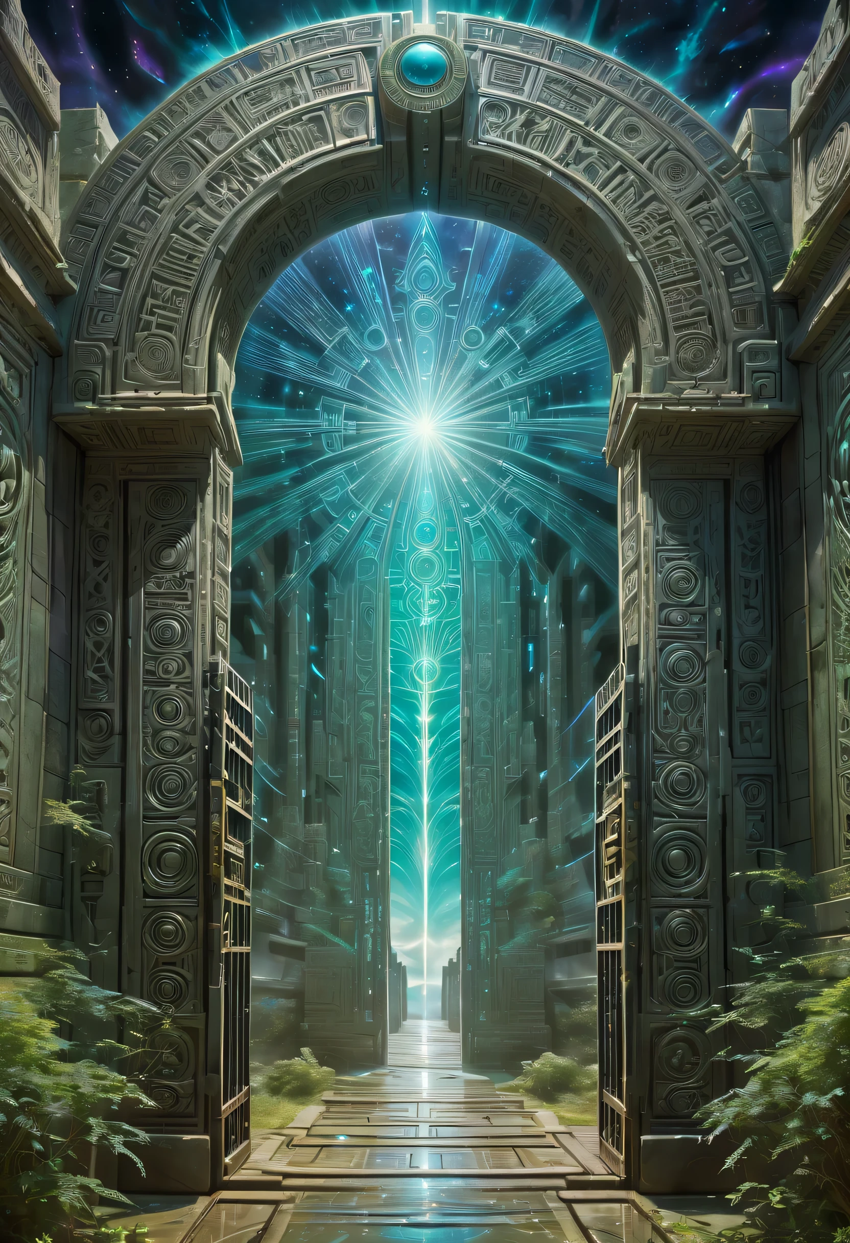 arte de mooncryptowow, En el corazón del cosmos, un simétrico, Surge la Puerta Olvidada del Tiempo y el Espacio, Sus paredes gelatinosas grabadas con símbolos de lenguas alienígenas., huelga de iluminación en la puerta, rayos de Dios,