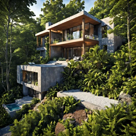Imagine exterior view at modern mansion with concrete and oak wood elements, surrounded by nature. Embrace sleek, contemporary a...