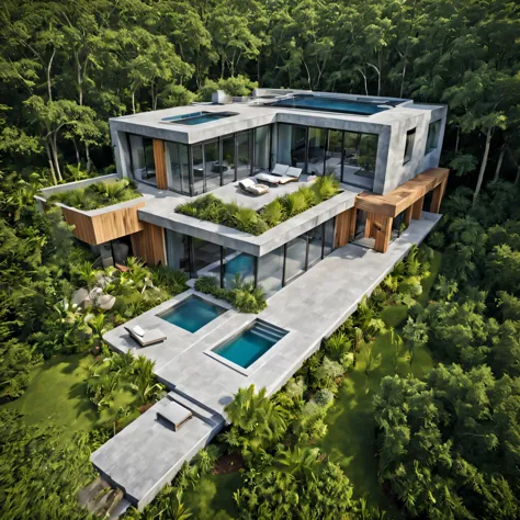 Imagine a bird view at modern mansion with concrete and oak wood elements, surrounded by nature. Embrace sleek, contemporary arc...