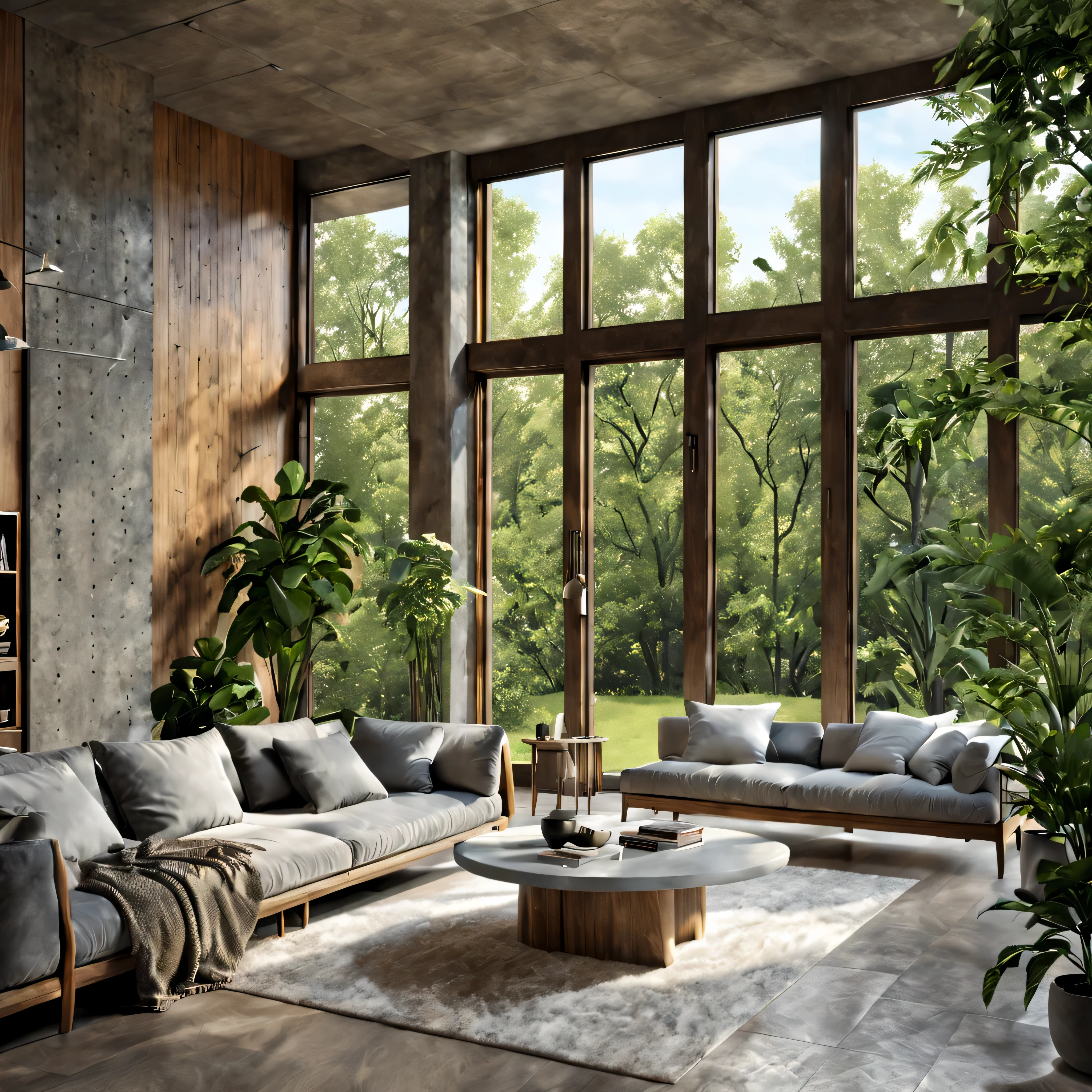 design cozy interior of a modern mansion with concrete and oak wood elements, surrounded by nature. Embrace sleek, contemporary architecture while creating a cozy interior with oak wood accents. Maximize natural light, large windows, and stunning views. 8K, ultradetailed, photorealistic