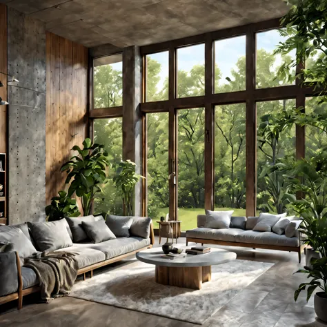 design cozy interior of a modern mansion with concrete and oak wood elements, surrounded by nature. Embrace sleek, contemporary ...