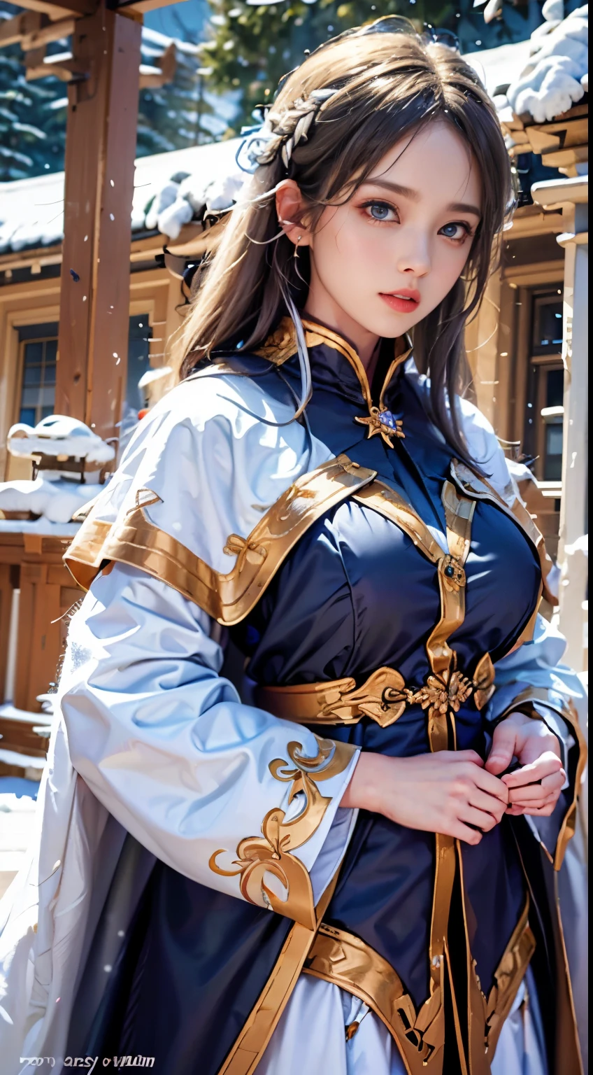 photorealistic, masterpiece, photorealistic, high resolution, soft light, hips up, (Lolita costume)，Gorgeous costumeace the audience，(The upper part of the body，upper legeautidful eyes, Brown hair, ringed eyes, (outside，Heavy snowfall，Thick fur cape，Cover with snow)，snowfield，Blue eyes