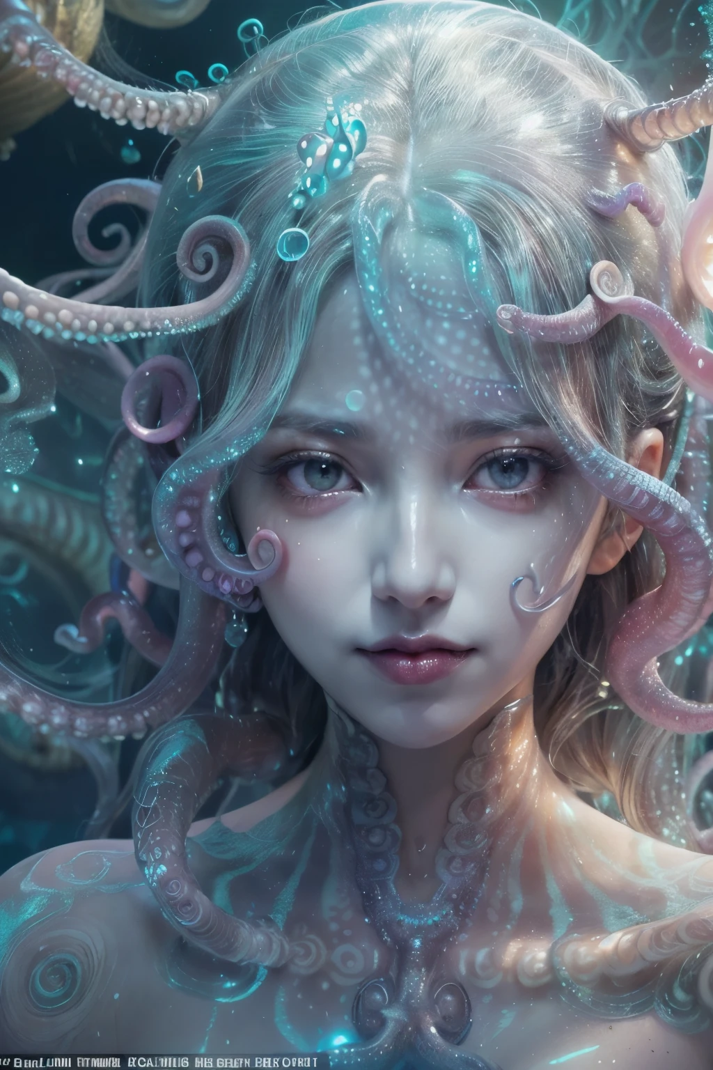 (A portrait of one beautiful and obscene female alien in the water of the deep sea, who is a young teenager:1.4), ((There is a female genital-like organ in the middle of her forehead:1.8)), (realistic face:1.2), (Numerous award-winning masterpieces, with incredible detail, textures and maximum detail), artistic photography, midnight aura, unreal engine 5, Ultra Sharp Focus, art by Amano Yoshitaka, ArtGerm, Roisch, intricate artwork, ultra realistic realism, high resolution, High freshness, drawing faithfully, official art, Unity 8K Wall paper, ultra detailed artistic photography, dream-like, Creation of fantasy, dream Snail, (biopunk nautilus:1.3),Thrilling color schemes, seductively smiling, Amazing mutation, well-proportioned body, goddess of the deep sea, fractal, Geometric pattern, impossible figures, (translucent white tentacles with luminescent organs:1.4), subtle emerald green accents, (smiling seductively:1.3),(She has the most beautiful face in the history of the universe:1.5), Penelope Cruz, (she is looking down at viewers with glowing iridescent eyes with no pupils:1.3), an evil gaze that seduces, cinematic lighting, (Vampire-like long canine teeth can be glimpsed through the gap between the cute lips:1.3), in the hall of the palace, Sweet breath is exhaling from beautiful lips, ecstatic expression