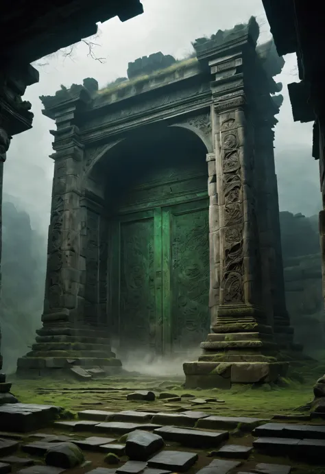 scenography，Very unified CG scenes，（well worn），（Dense fog）
（There is an ancient and mysterious huge glass door in the ruins，Conn...