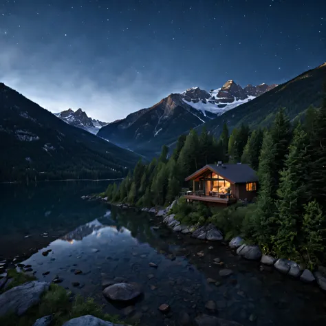 Imagine a modern, luxurious hut nestled under the stars with majestic mountains in the background and a serene lake beside it. D...