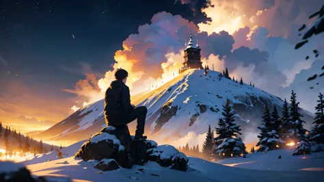 Boy thinking on the mountain at night