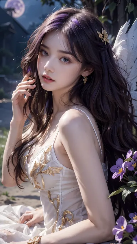 (((RAW photo , insanely detailed, highest quality, high resolution, solo,)))

break、(contrast:1),  full body、 Seen from directly above, lying in a field of flowers, back on the floor、Seductive pose、

break、 (((violet hair Beach waves hairstyle ))), (((cosm...