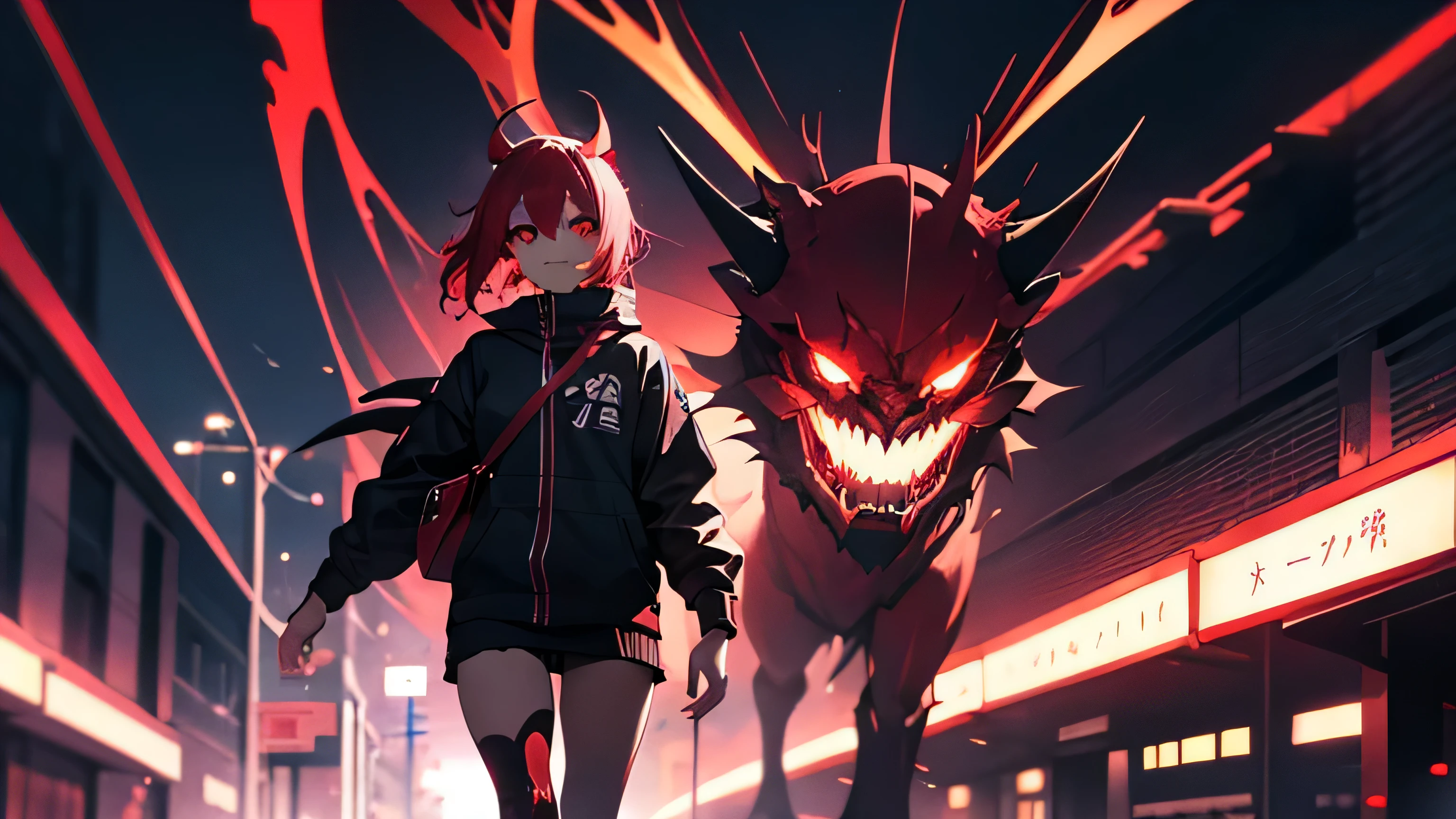 Anime character with red eyes walks along a city street, Cool anime 8K, demon anime girl, Best anime 4k konachan wallpaper, epic anime style, 4k anime wallpaper, with red glowing eyes, anime monster girl, demon girl, anime style 4K, Manga wallpaper 4k, evil smile and glowing eyes