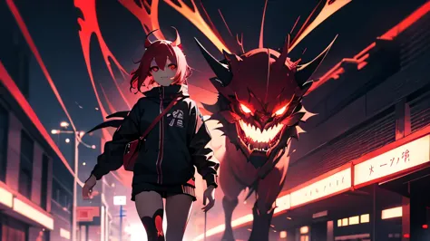 Anime character with red eyes walks along a city street, Cool anime 8K, demon anime girl, Best anime 4k konachan wallpaper, epic...