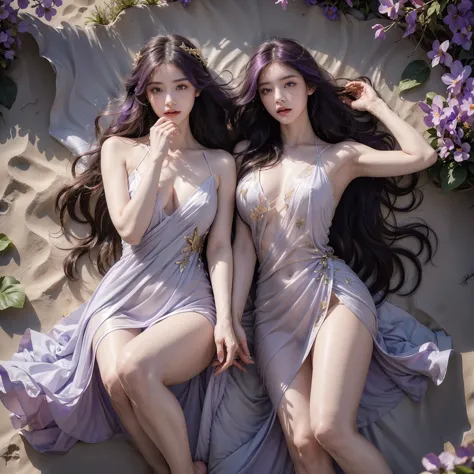 (((RAW photo , insanely detailed, highest quality, high resolution,)))

break、(contrast:1),  full body、 Seen from directly above, lying in a field of flowers, back on the floor、Seductive pose、2 girl、

break、 (((violet hair Beach waves hairstyle ))), (((cos...