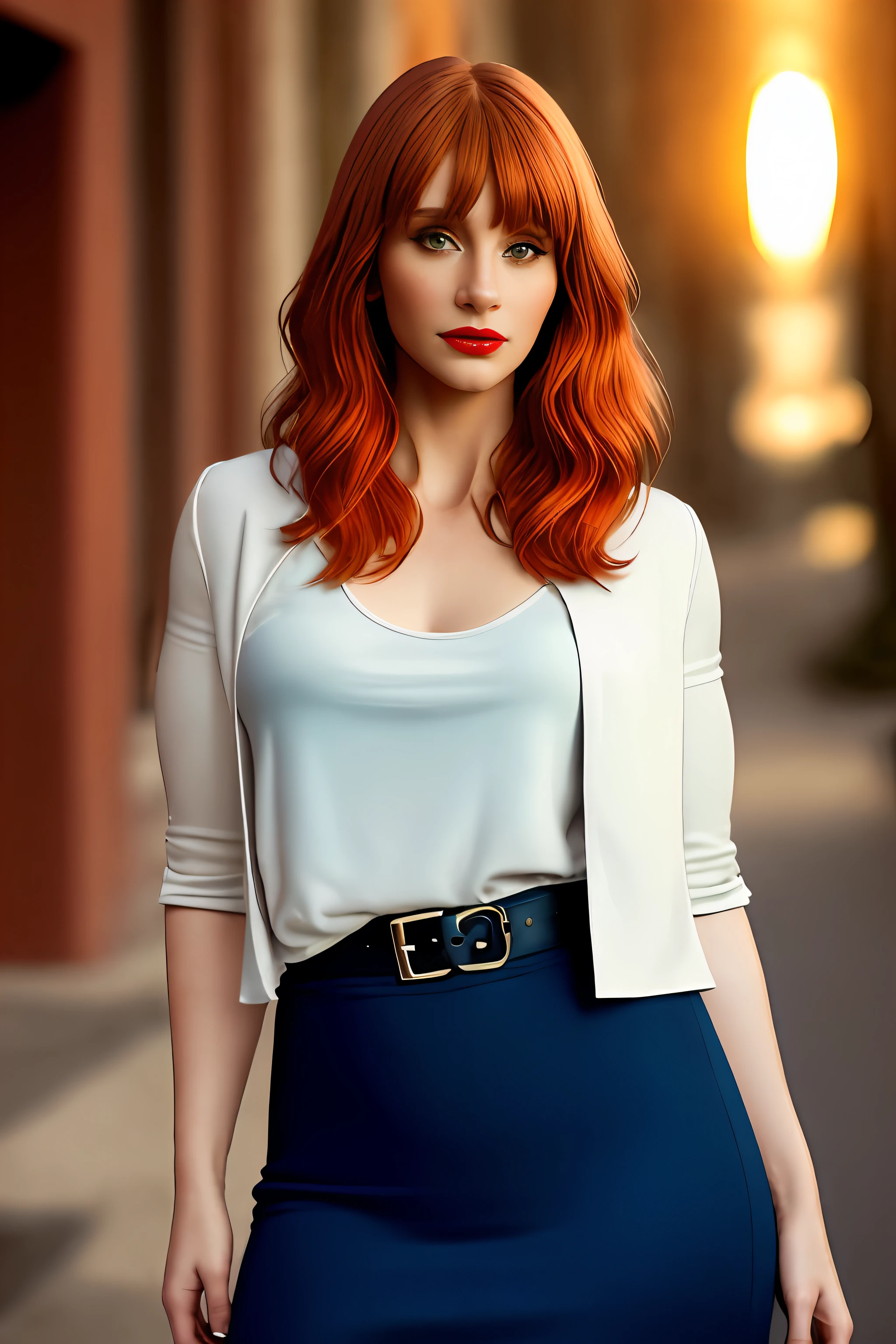 Foto de corpo inteiro,  Bryce Dallas Howard, cores vibrantes, red hair, Executive Woman-themed Clothing, scarpins de salto alto, posando para uma foto, Garota sexy, lovely woman, mulher bonita, Beautiful woman, mulher deslumbrante, Pose casual, Beautiful girl ,  atraente, olhar sexy, beautiful young lady, bela imagem, (red lips lipstick), maquiagem elegante, Sunset, estilo por (Steve McCurry), Dispositivo Nikon Z FX, Mola EF 70mm, Cinematic lighting, studio backdrop, style long exposure, tipo de tiro longo, cena de cores vibrantes, fotorrealista, Intrinsic, beautiful face, Rosto ultra-detalhado, Corpo Perfeito, corpo inteiro, Impeccable, Realistic, altamente detalhado, Art Station, trend, piece of master, Rosto realista, pele realista, Olhos detalhados, grande arte, ultra realistic n-9 render, 4k, 8k, 16k, 20K, HDR, UHD, 64 mil, perfect lighting, studio lighting, fotorrealista, hyper realistic, symmetrical face, Motor irreal, Bokeh, High Resolution Scanning, fotografia profissional