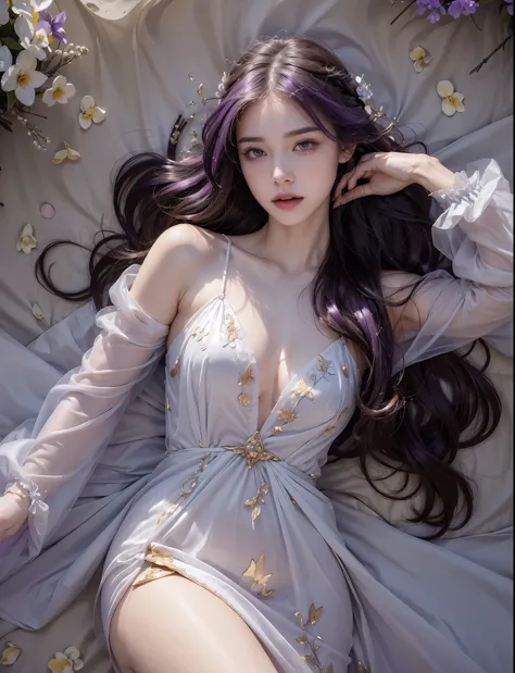 (((RAW photo , insanely detailed, highest quality, high resolution,)))

break、(contrast:1),  full body、 Seen from directly above, lying in a field of flowers, back on the floor、Seductive pose、2 girl、

break、 (((violet hair Beach waves hairstyle ))), (((cos...