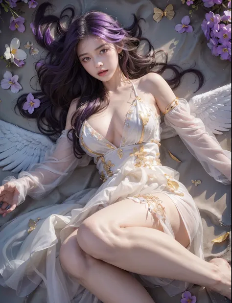 (((RAW photo , insanely detailed, highest quality, high resolution,)))

break、(contrast:1),  full body、 Seen from directly above, lying in a field of flowers, back on the floor、Seductive pose、2 girl、Lesbian, embracing, staring、

break、 (((violet hair Beach...