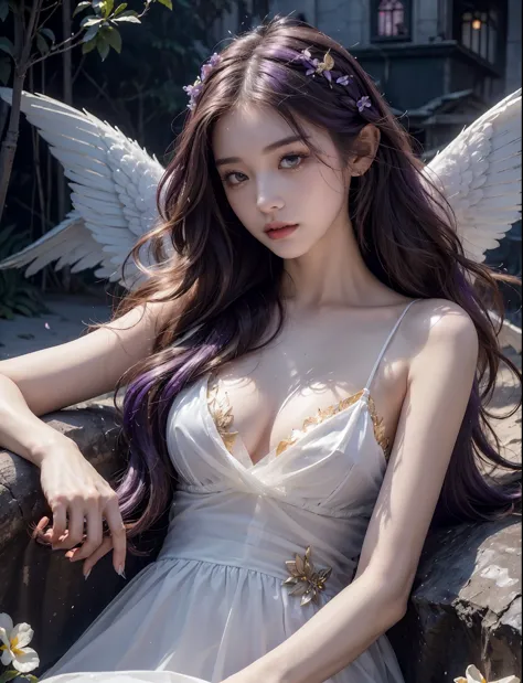(((RAW photo , insanely detailed, highest quality, high resolution,)))

break、(contrast:1),  full body、 Seen from directly above, lying in a field of flowers, back on the floor、Seductive pose、

break、 (((violet hair Beach waves hairstyle ))), (((cosmetics)...
