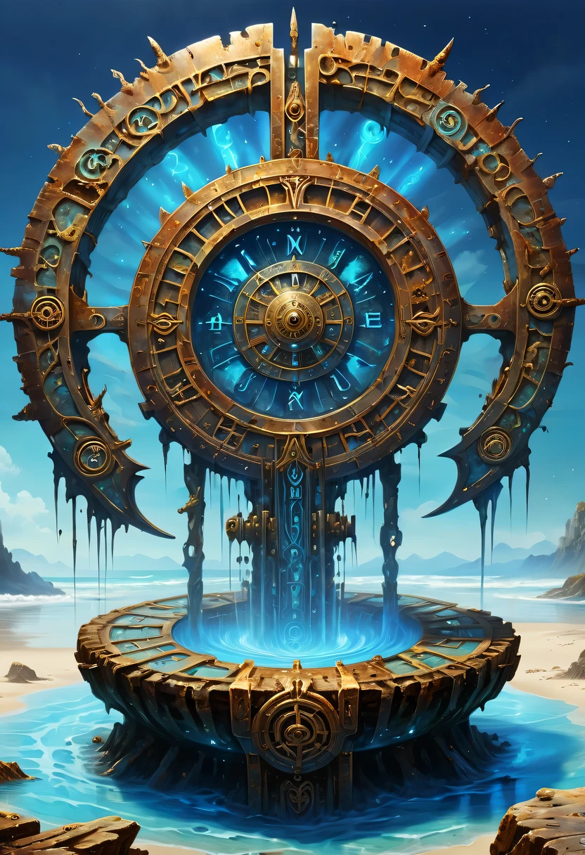 hyper detailed masterpiece, Dynamic, good quality,DonM0ccul7Ru57XL Magnificent Beach ,rust,mystery，一个古老而mystery时空轮盘隐藏深处，The wheel is inlaid with obscure runes，They become blurred by the erosion of time，The mottled alien text flashes with a faint blue light，