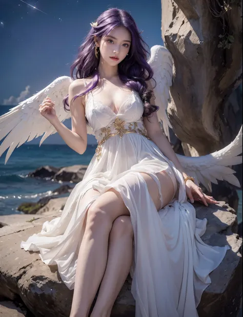 (((RAW photo , insanely detailed, highest quality, high resolution,)))

break、(contrast:1),  full body、 Seductive pose、

break、 (((violet hair Beach waves hairstyle ))), (((cosmetics))),large tits,

break、White effect, White wings:1.2 ,  White angel:1.2, (...