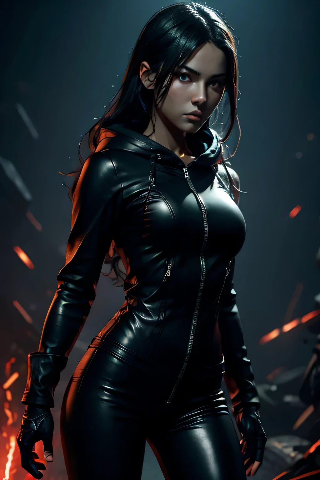 un primer plano de una mujer con un atuendo de cuero, Ojos rojos brillantes, evil chica in a black leather army suit, , femenino, diosa hermosa enojada, seductora fantasía oscura, chica, rudo 8k, Arte de personajes de renderizado 3D 8 k, beautiful chica, arte digital, alena aenami and artgerm, jet black haired chica, chica in hoodie