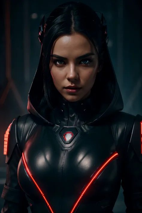 a close up of a woman in a leather outfit with red lights, red glowing eyes, evil girl in a futuristic leather army suit, , fema...