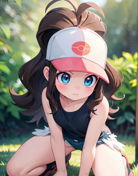hilda pokemon,def1,visible thighs,thick thighs,thighs in the foreground,annoyed look,beautiful eyes,detailed eyes,body shape,encanto femenino,nsfw,tight clothing,kneeling,(best quality,4k,8k,highres,masterpiece:1.2),ultra-detailed,(realistic,photorealistic...