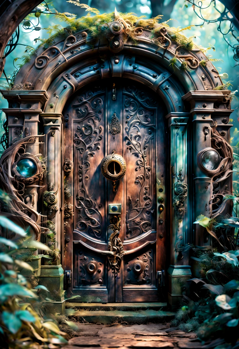 a forgotten door of time and space,old wooden door with intricate carvings,aged brass doorknob and keyhole,dusty and cobweb-covered entrance,hints of mysterious glow peeking from behind the door,dreamlike atmosphere,tangled vines and foliage around the door,magic symbols engraved on the doorframe,whispering winds carrying whispers of forgotten secrets,eerie silence and anticipation,otherworldly colors and lighting,vintage and antique aesthetic,imagination that transports to different dimensions,mystical and mythical creatures lurking beyond the door,ancient and unexplored realms waiting to be discovered,lost memories and forgotten stories,portal to various time periods and universes,enchanted portal hidden in a dense forest,curiosity and adventure,transcendence of time and space,aura of wonder and mystery.(best quality,4k,8k,highres,masterpiece:1.2),ultra-detailed,(realistic,photorealistic,photo-realistic:1.37),HDR,UHD,studio lighting,ultra-fine painting,sharp focus,physically-based rendering,extreme detail description,professional,vivid colors,bokeh,concept artists