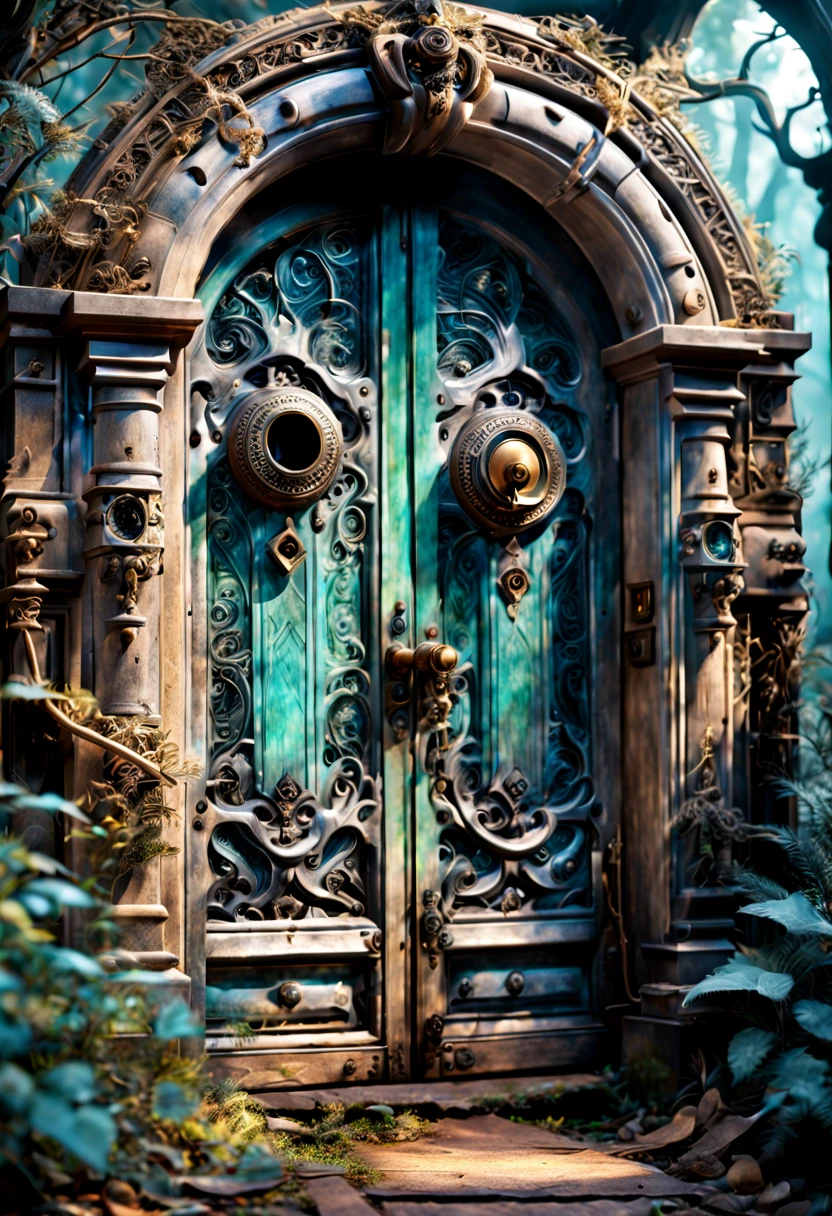 a forgotten door of time and space,old wooden door with intricate carvings,aged brass doorknob and keyhole,dusty and cobweb-covered entrance,hints of mysterious glow peeking from behind the door,dreamlike atmosphere,tangled vines and foliage around the door,magic symbols engraved on the doorframe,whispering winds carrying whispers of forgotten secrets,eerie silence and anticipation,otherworldly colors and lighting,vintage and antique aesthetic,imagination that transports to different dimensions,mystical and mythical creatures lurking beyond the door,ancient and unexplored realms waiting to be discovered,lost memories and forgotten stories,portal to various time periods and universes,enchanted portal hidden in a dense forest,curiosity and adventure,transcendence of time and space,aura of wonder and mystery.(best quality,4k,8k,highres,masterpiece:1.2),ultra-detailed,(realistic,photorealistic,photo-realistic:1.37),HDR,UHD,studio lighting,ultra-fine painting,sharp focus,physically-based rendering,extreme detail description,professional,vivid colors,bokeh,concept artists