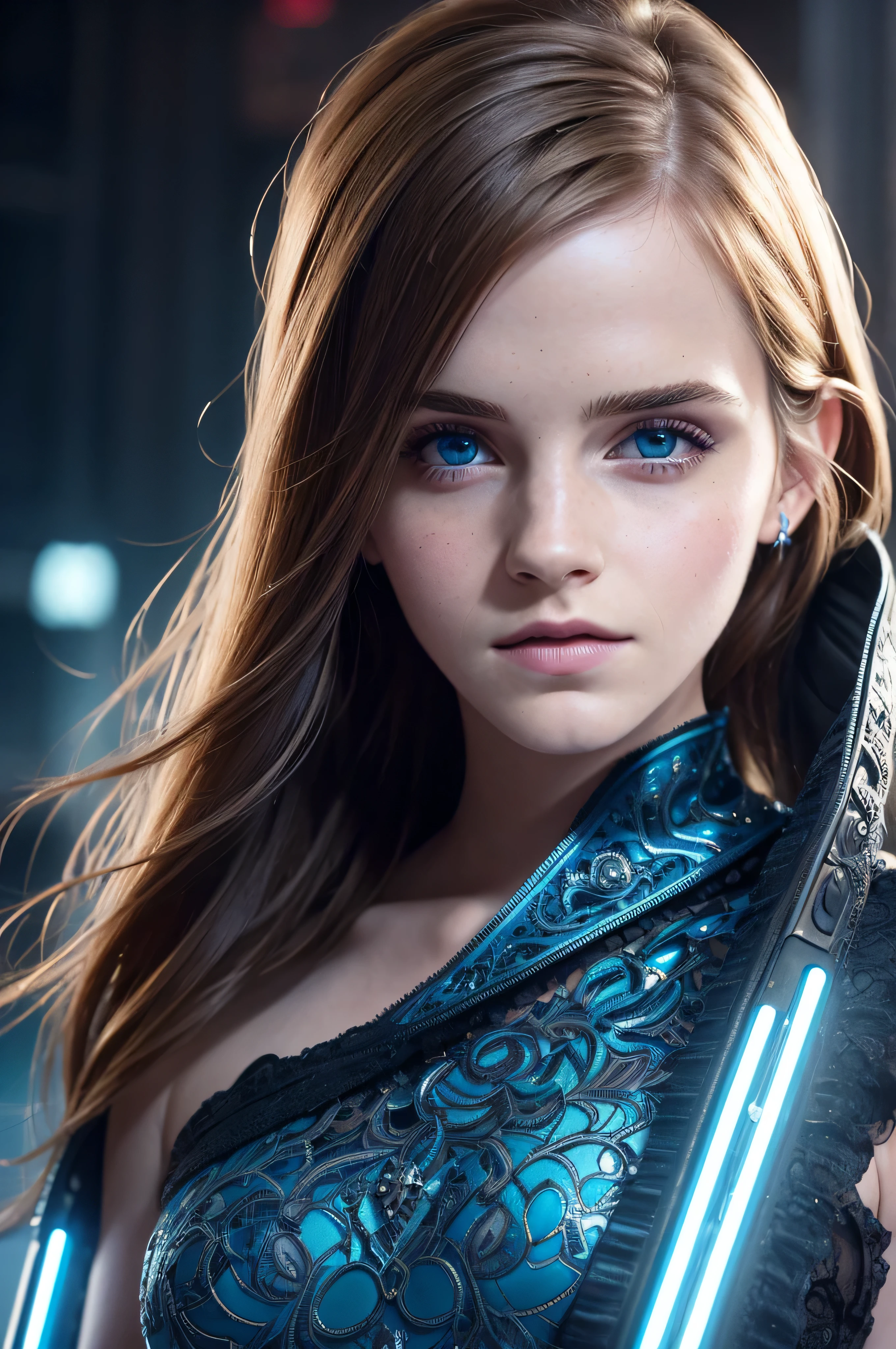 8k beautiful Emma Watson, ((pale skin)), ((blue eyes)), intricate, elegant, highly detailed, majestic, digital photography, athletic, defined muscles, (masterpiece, sidelighting, finely detailed beautiful eyes: 1.2), hdr, glowing eyes, cyberpunk, neon cityscape