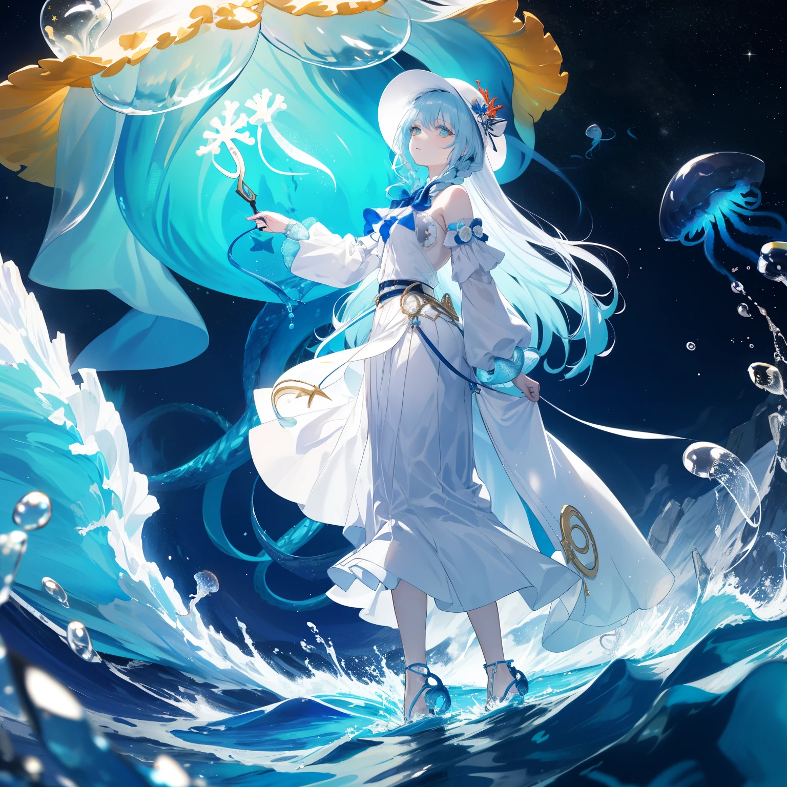 ((best quality)), ((masterpiece)), (detailed), ocean, night, (starry_sky), Cool_colors, 1girl, standing, full_body, (front_view), White_fishtail_skirt, long_skirt, white_wide_brimmed_hat, ((blue_tentacle_hair)), ((Pale_skin)), beautiful_face, Closed_eyes, ((long_eyelashes)), expressionless, ((White_coral)), (Transparent_little_jellyfish)