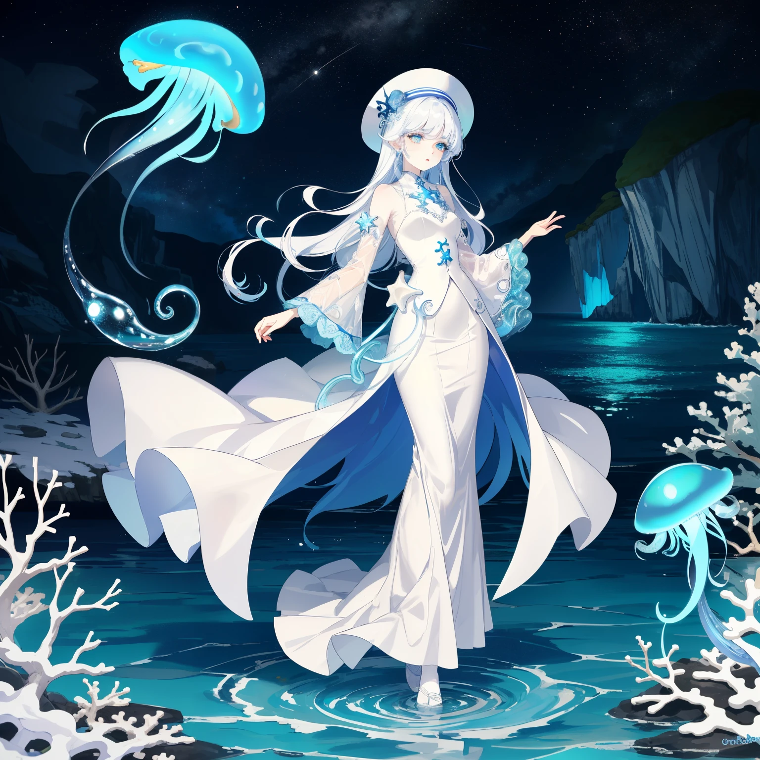((best quality)), ((masterpiece)), (detailed), ocean, night, (starry sky), Cool colors, 1girl, standing, full_body, (front_view), White fishtail skirt, long skirt, white wide brimmed hat, (blue tentacle hair), ((Pale skin)), The most beautiful face, Close eyes, ((long eyelashes)), expressionless, ((White coral)), (Transparent little jellyfish)